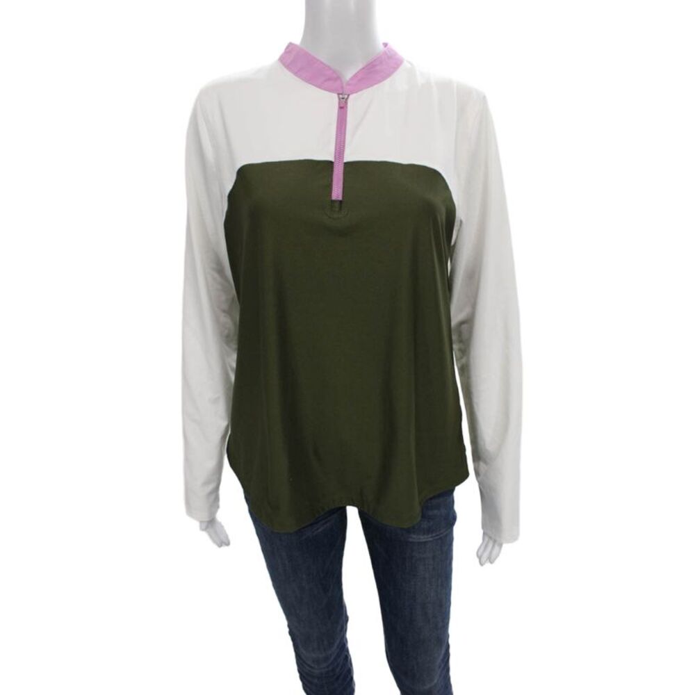 Belyn Key Womens Pullover Casual White Mock Neck Colorblock Zip Size L